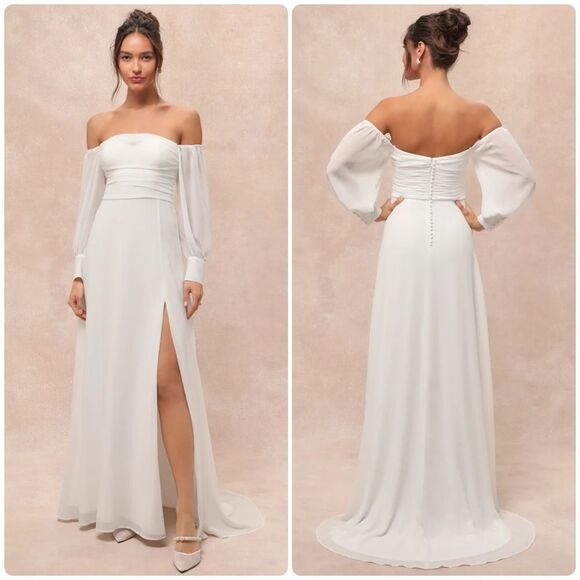 Lulus Adorna White Off-the-Shoulder Maxi Dress NWT Size Large Wedding Bridal - Picture 1 of 10